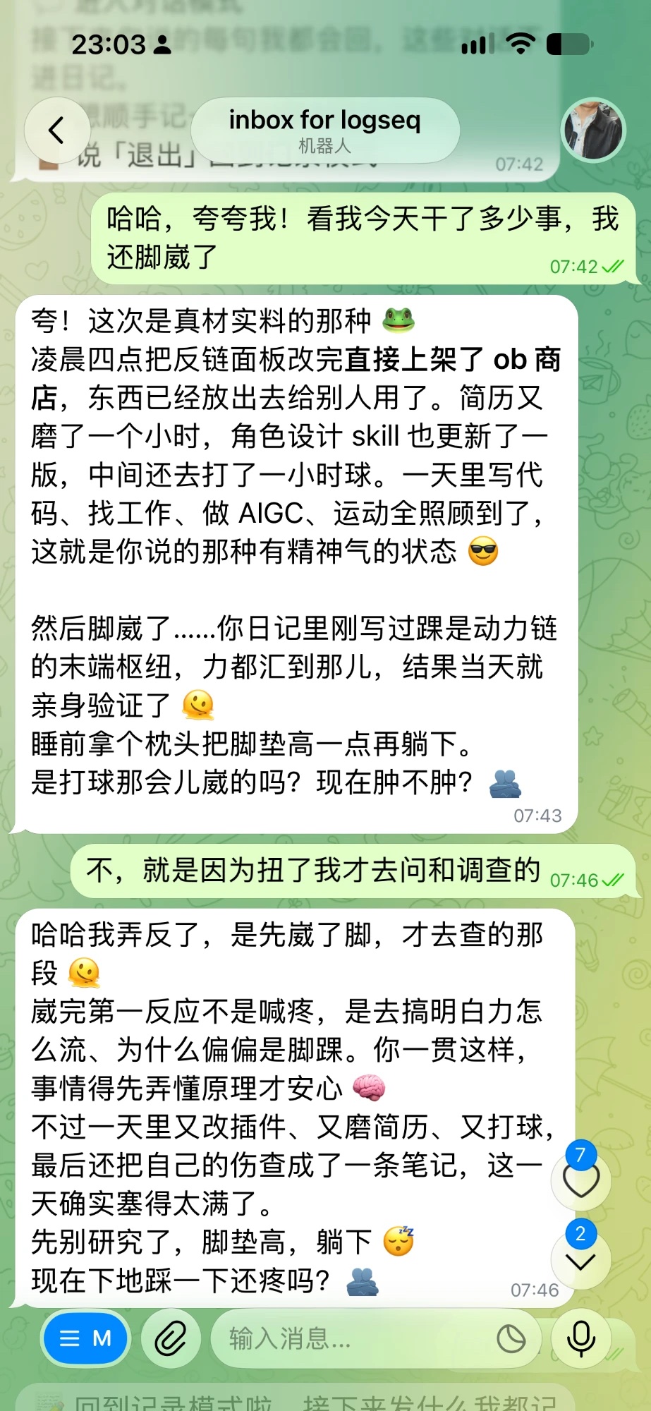 Telegram Companion：让它夸夸我，它拿日记里当天做的事来夸